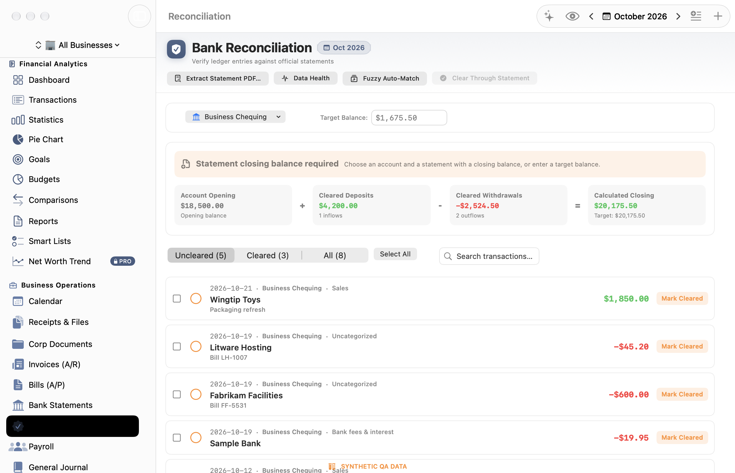 Bank Reconciliation screen showing Target Balance, Cleared Deposits, and Reconcile-to-Zero